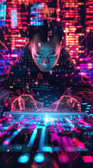 Fototapeta premium An engaged person interacts with a glowing keyboard surrounded by dynamic visualizations of data and digital elements at night