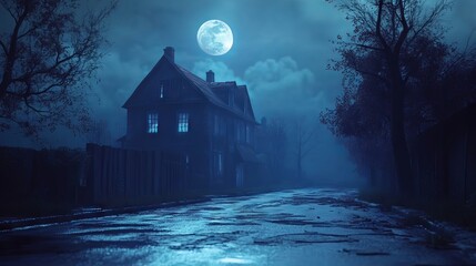 3d illustration of a creepy halloween scene featuring a realistic haunted house on a dark spooky street illuminated by moonlight – perfect for scary holiday designs, eerie posters, and frightening.