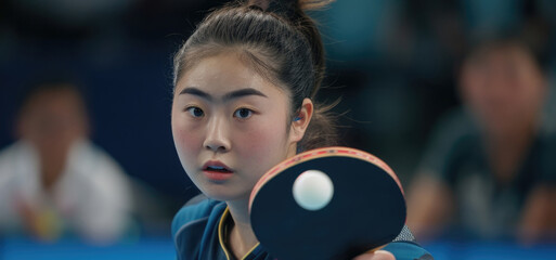 A determined young athlete prepares to strike the ball in a table tennis competition held in a vibrant indoor venue