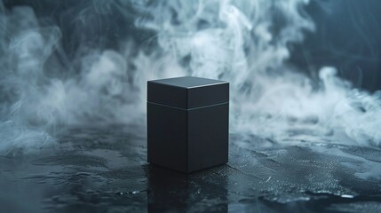 luxurious black packaging box for perfume featuring stylish design elements on a dramatic black smokey backdrop for a unique visual impact
