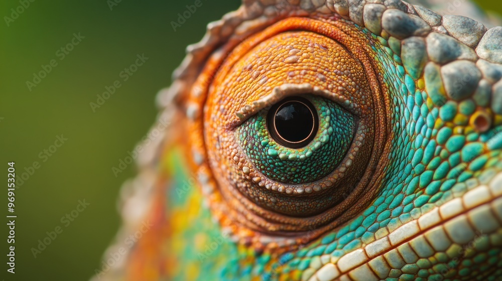 Poster a close-up of a colorful reptile's eye showcasing intricate patterns and vivid colors.