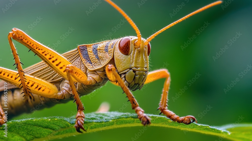 Poster a close-up of a grasshopper perched on a leaf, showcasing its intricate features.