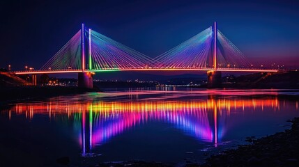 Naklejka premium A dramatic image of a modern bridge with colorful LED lights changing hues, spanning over a dark river with its striking reflection visible in the water.