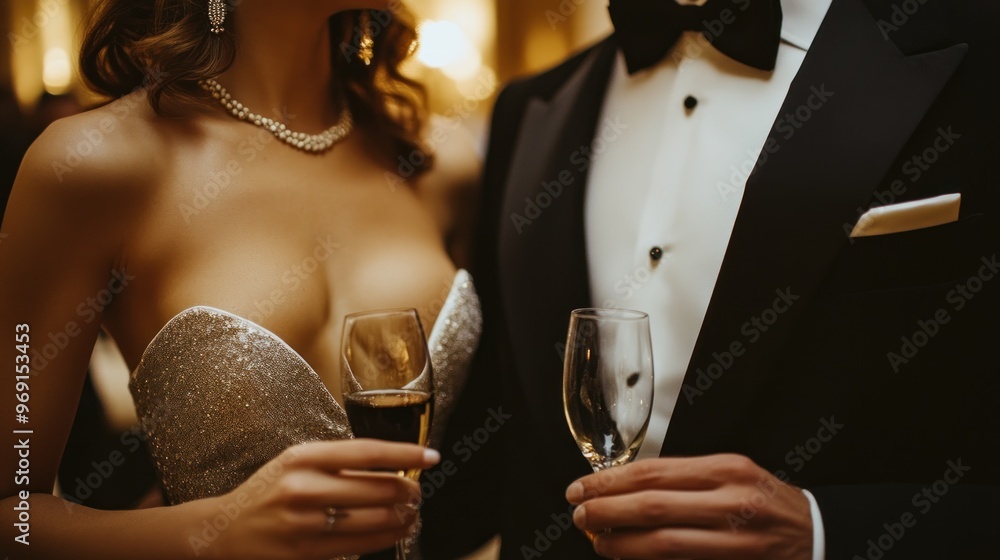 Poster Elegant couple holding glasses at a formal event, showcasing glamour and celebration.