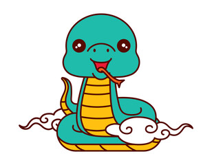 Cute chinese snake with eastern style cloud cartoon illustration. Chinese New Year 2025 snake zodiac 