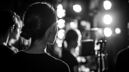 A group of individuals backstage, illuminated by bright lights, preparing for a performance.