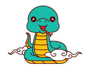 Cute chinese snake with eastern style cloud cartoon illustration. Chinese New Year 2025 snake zodiac 