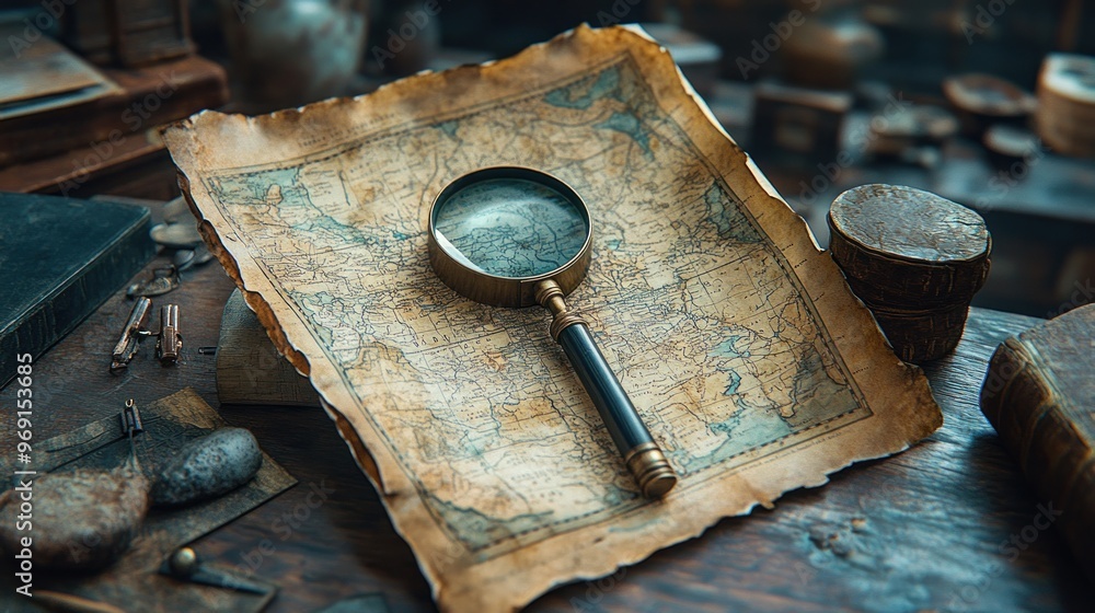 Poster an aged map with a magnifying glass on a rustic table.