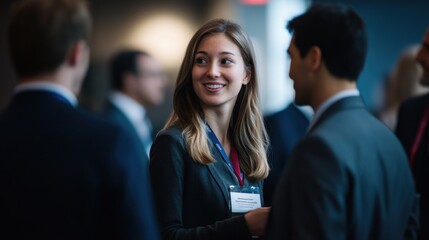 A professional networking event with individuals engaged in conversation.