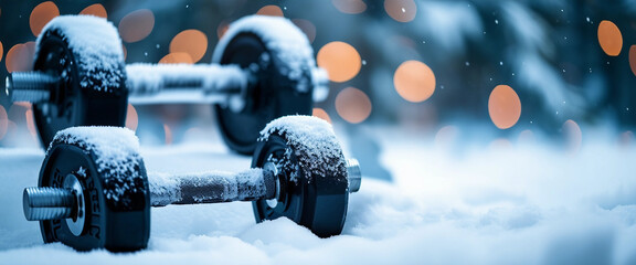 Snow-covered dumbbells in a wintry setting with room for text or design elements, showcasing equipment