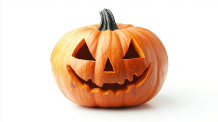 Fototapeta premium Single halloween pumpkin with carved face on white background, isolated jack o' lantern design for spooky autumn decorations, holiday party themes, and festive fall projects.