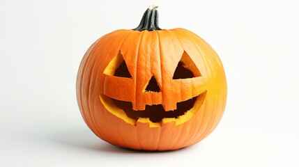 Single halloween pumpkin with carved face on white background, isolated jack o' lantern design for spooky autumn decorations, holiday party themes, and festive fall projects.