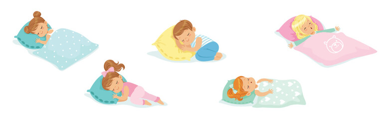 Adorable Little Sleeping Boy and Girl Character Covered with Blanket on Soft Pillow Vector Set