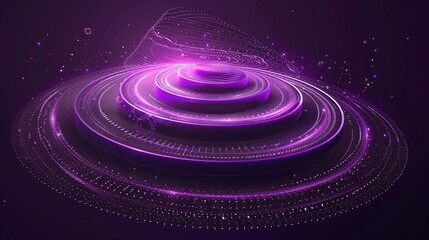 Fototapeta premium playful and modern illustration showcasing a bright purple curvilinear shape with colorful circles on round surfaces over a flat black backdrop