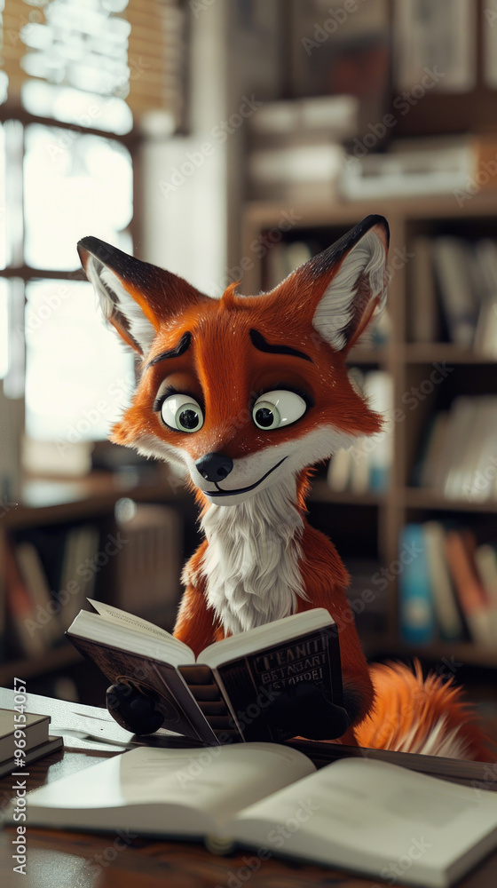 Poster a whimsical fox character enjoys reading a book at a well-stocked library surrounded by numerous boo