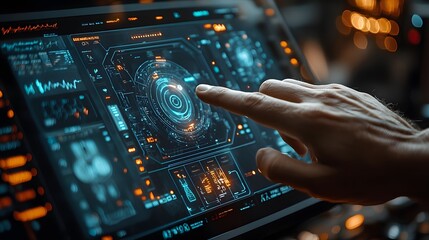 Digital health records system showcased on a touchscreen, modern medical technology with a sleek user interface, data-driven healthcare solutions.