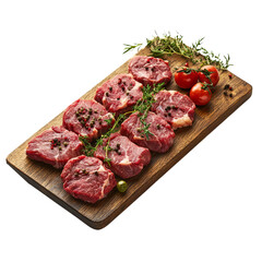 Fototapeta premium wooden board displaying a variety of raw steak cuts, garnished with fresh herbs and spices.