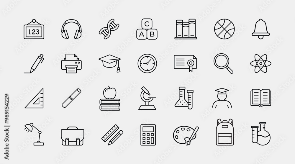 Poster set of 28 line icons related to back to school. learning icons for web and mobile app. e-learning, v