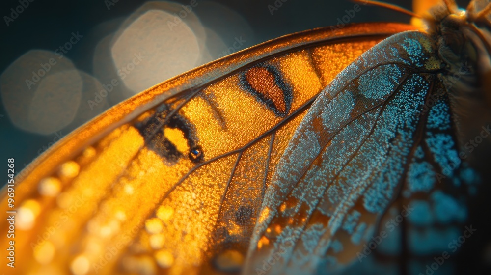 Poster close-up of a butterfly's colorful wing showcasing intricate patterns and textures.