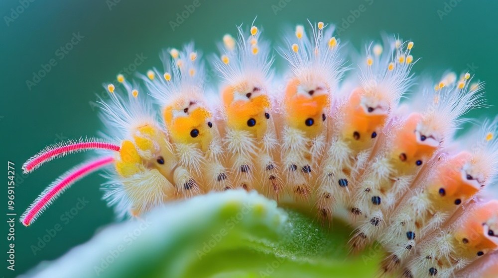 Poster a close-up of a colorful caterpillar with fuzzy texture and bright features on a leaf.