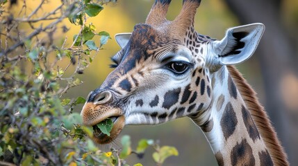 A close-up of a giraffe eating leaves in a natural setting.