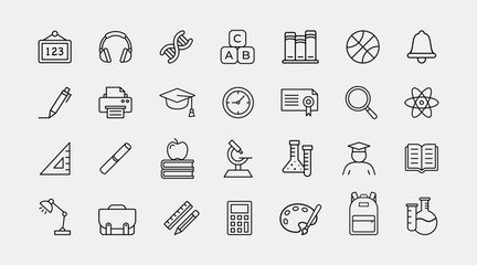 Set of 28 line icons related to back to school. Learning icons for web and mobile app. E-learning, video tutorial, knowledge, study, school, university, webinar, online education. Vector illustration 