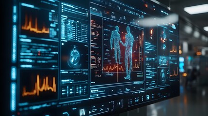 Fototapeta premium Digital health records interface with vibrant medical data, modern technology transforming patient care, displayed on a sleek touchscreen.
