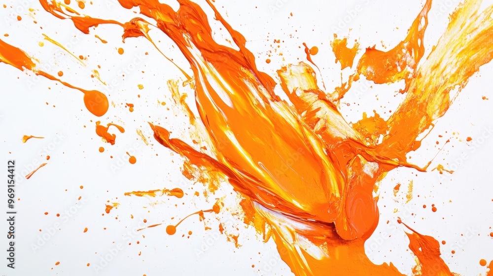 Poster a dynamic image of orange paint splashes on a white canvas, creating an abstract and energetic compo
