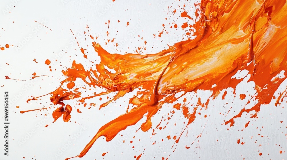 Poster a dynamic image of orange paint splashes on a white canvas, creating an abstract and energetic compo