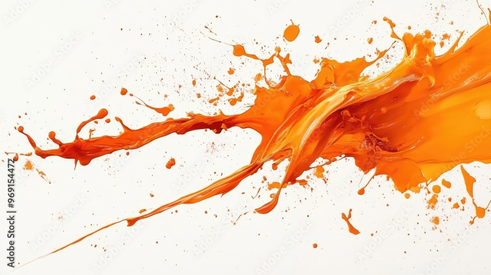 Poster a dynamic image of orange paint splashes on a white canvas, creating an abstract and energetic compo