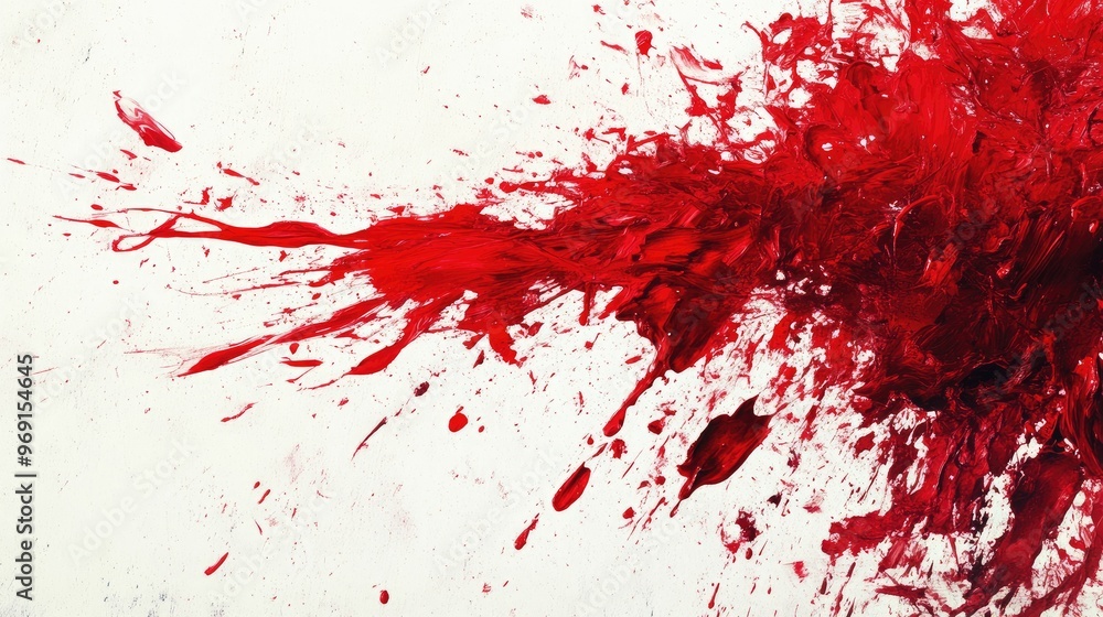 Poster a dynamic image of red paint splattering across a white canvas, creating an abstract and energetic v