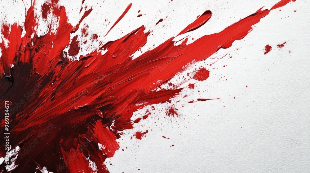Poster a dynamic image of red paint splattering across a white canvas, creating an abstract and energetic v