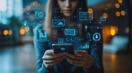 A person holding a smartphone with floating holographic icons representing modern financial services and money transfers.