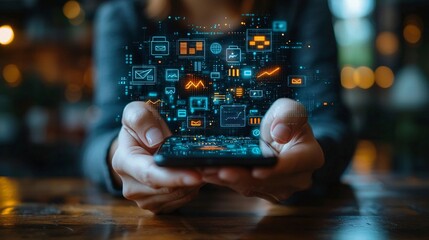 A person holding a smartphone with floating holographic icons representing modern financial services and money transfers.