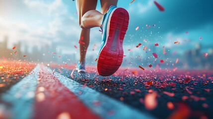 Photorealistic runner crossing the finish line, vibrant colors, tape breaking mid-air, with a blurred track to highlight the motion.
