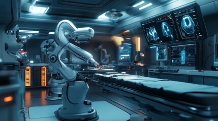 Futuristic remote surgery performed via robotic arms controlled by AI: Surgeons operating remotely with precision-controlled robots in a sterile, futuristic operating room.