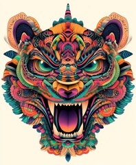 Colorful and intricate illustration of a tiger's head with a geometric design.