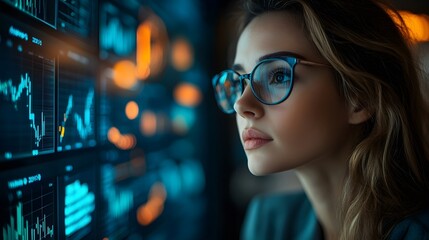 Businesswoman reviewing analytics data on a sleek dashboard, modern office setting, digital graphs and charts displayed, focused expression.