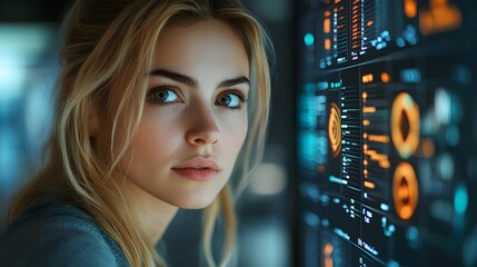 Professional businesswoman analyzing data on a dashboard, vibrant office space, digital interface with real-time analytics, focused decision-making.