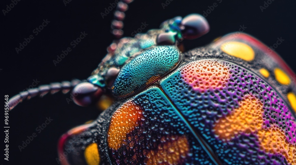 Poster a vibrant close-up of a colorful beetle showcasing intricate patterns and textures.
