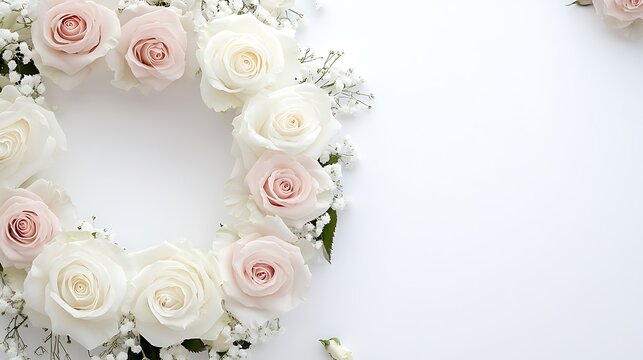 Sophisticated Floral Wreath of White and Blush Pink Roses Isolated on a Bright Background, Offering Space for Customized Messaging for Invitations or Ads