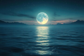 breathtaking nighttime seascape with a giant full moon rising over a tranquil ocean casting a shimmering path of silvery light across gently rippling waves