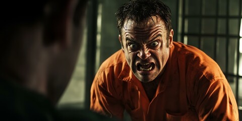Angry inmate in orange jumpsuit stares intensely.