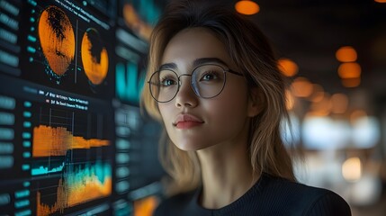 Businesswoman analyzing metrics on a dashboard, vibrant office setting, real-time analytics displayed on a sleek interface, focused and confident.