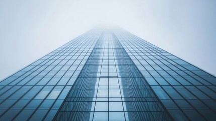 Fototapeta premium A towering glass skyscraper disappears into the fog, showcasing modern architectural design.