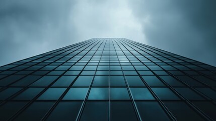 Fototapeta premium A towering glass skyscraper reaching towards a cloudy sky.