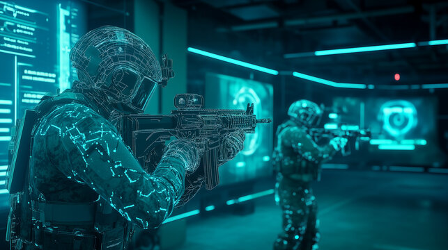 Futuristic AI-Powered Military Training Simulator Enabling Soldiers to Train in Immersive Virtual Environments. Advanced Technology Revolutionizing Combat Readiness and Tactical Skills Development.