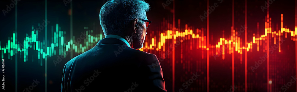 Aufkleber a businessman analyzes data trends with a digital background of fluctuating graphs and vibrant color