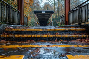 A picturesque, damp autumn day at a small, deserted train station, with fallen leaves scattered on the wet steps leading up to the platform surrounded by trees