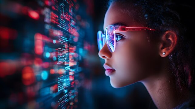 3D animated girl focusing on a tablet for online learning, transparent background, interactive educational content on the glowing screen.